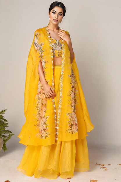 Yellow Embroidered Palazzo Pant Set