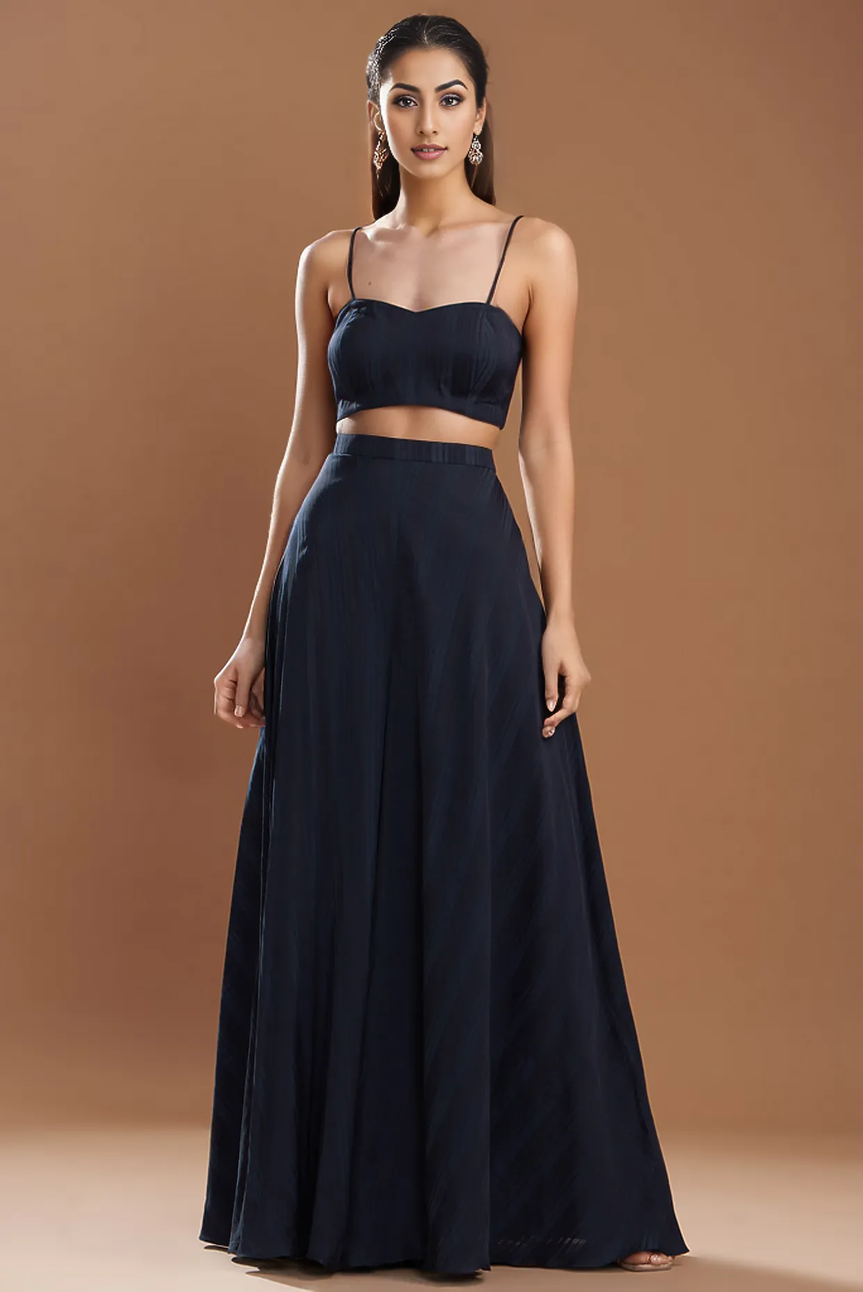 Dark Blue Silk Satin Embroidered Off-Shoulder Cape Set