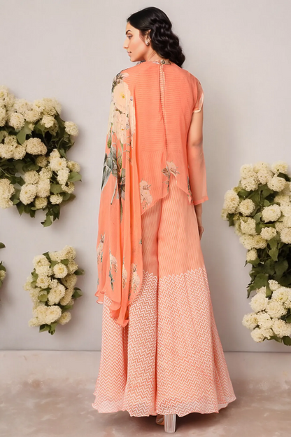 Peach Block Printed Jumpsuit With Cape