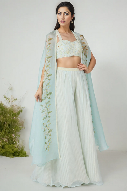 Sky Blue Floral Printed Cape Set