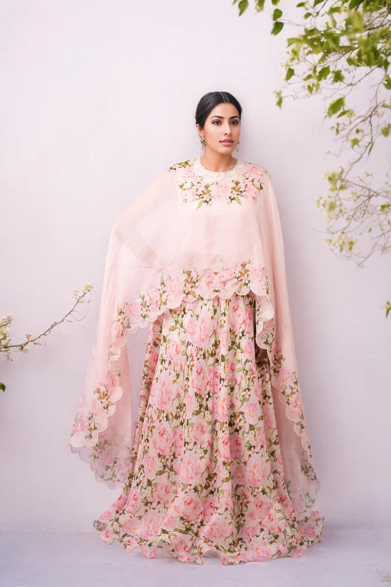 DIGITAL PRINT PEONIES ANARKALI WITH PRINTED PINK CAPE