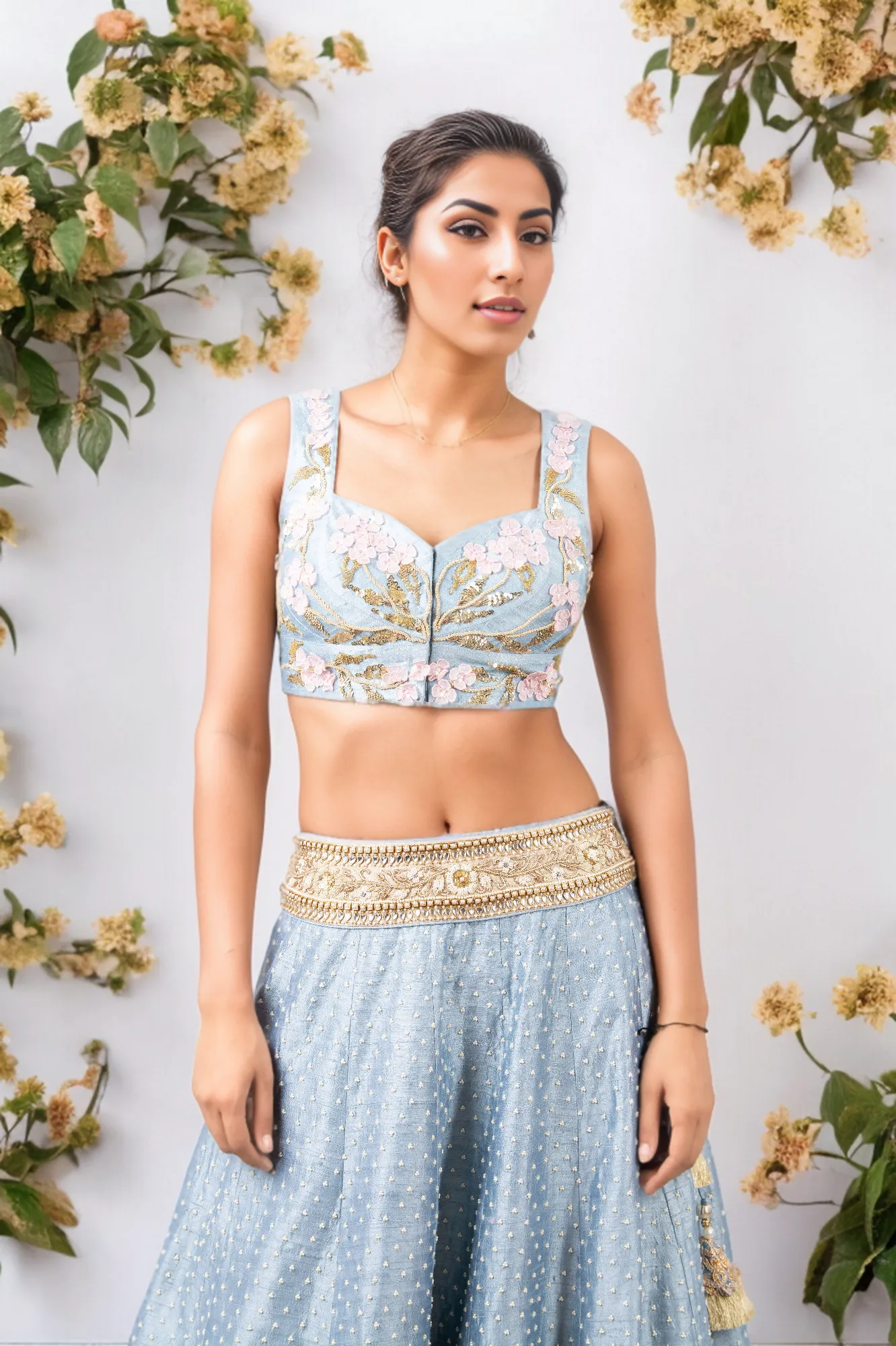 3D FLOWER INCUT BLOUSE AND PEARL WORK RAW SILK LEHENGA