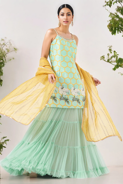 Aqua Green Raw Silk & Net Sharara Set