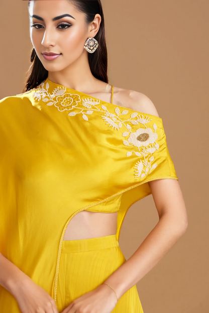 Yellow Silk Satin Embroidered Off-Shoulder Cape Set