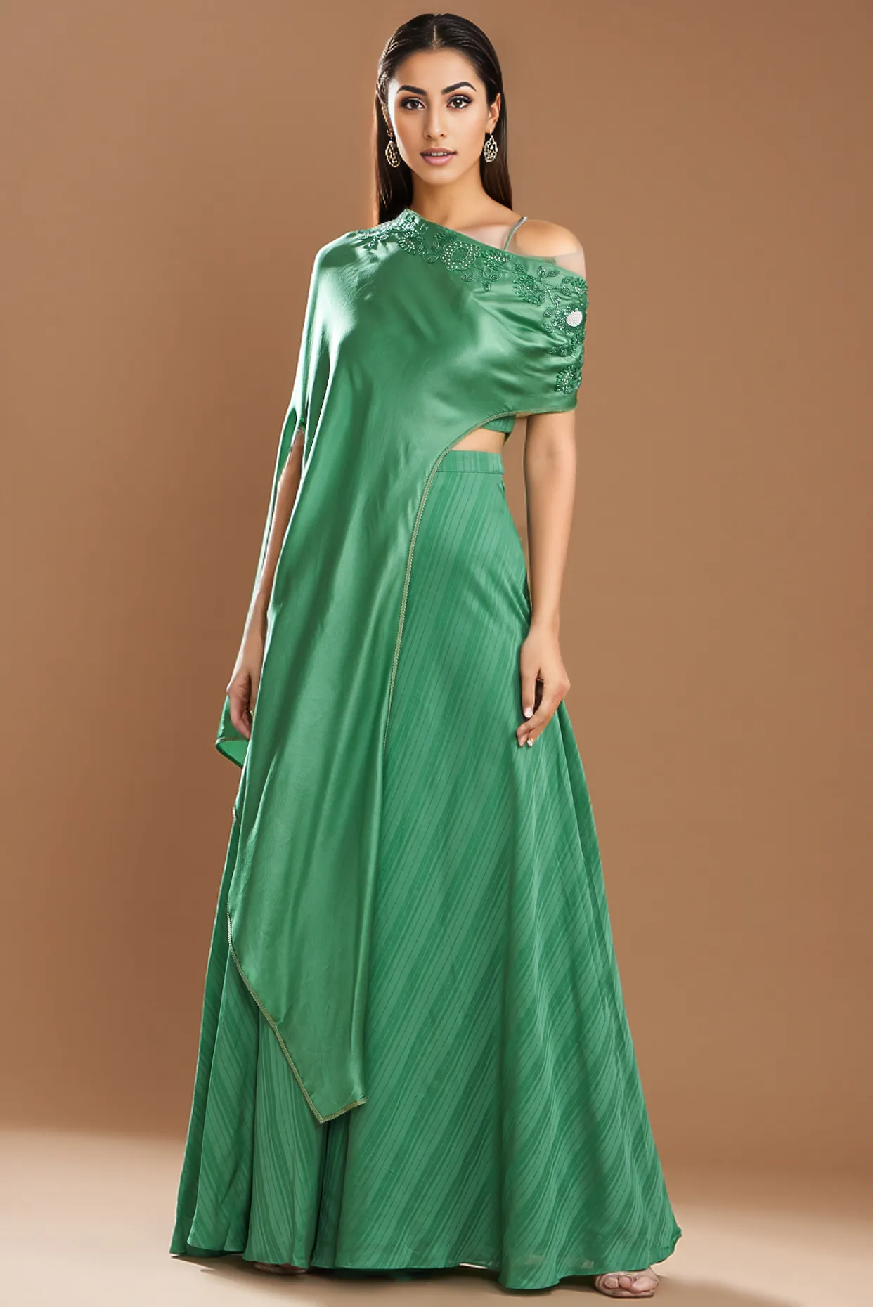 Dark Green Silk Satin Embroidered Off-Shoulder Cape Set