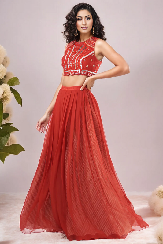 Cadmium Red Raw Silk & Chiffon Skirt Set