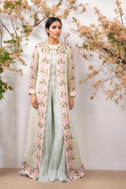 ORGANZA PEONIES PRINT LONG JACKET WITH JUMPSUIT