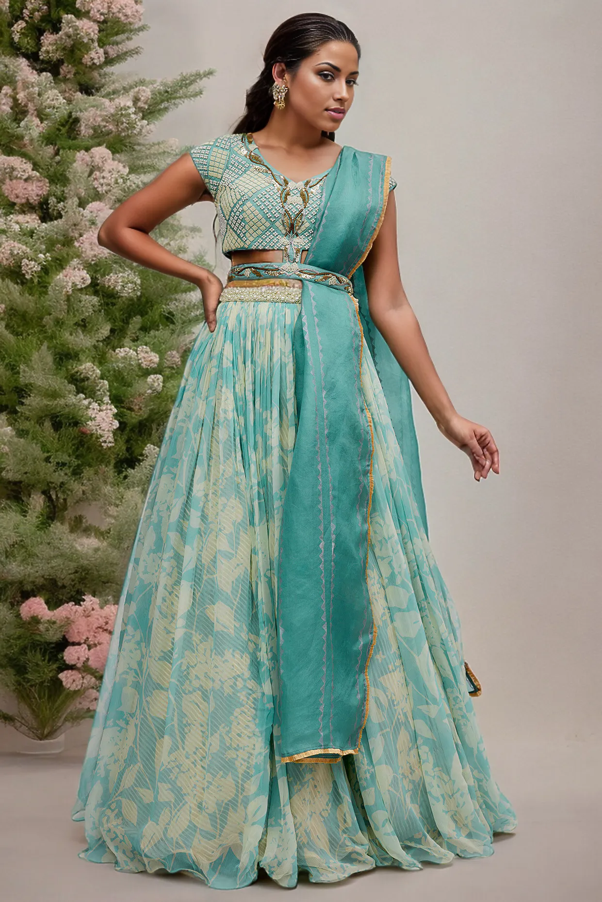 Aqua Green Chiffon Printed Lehenga Set