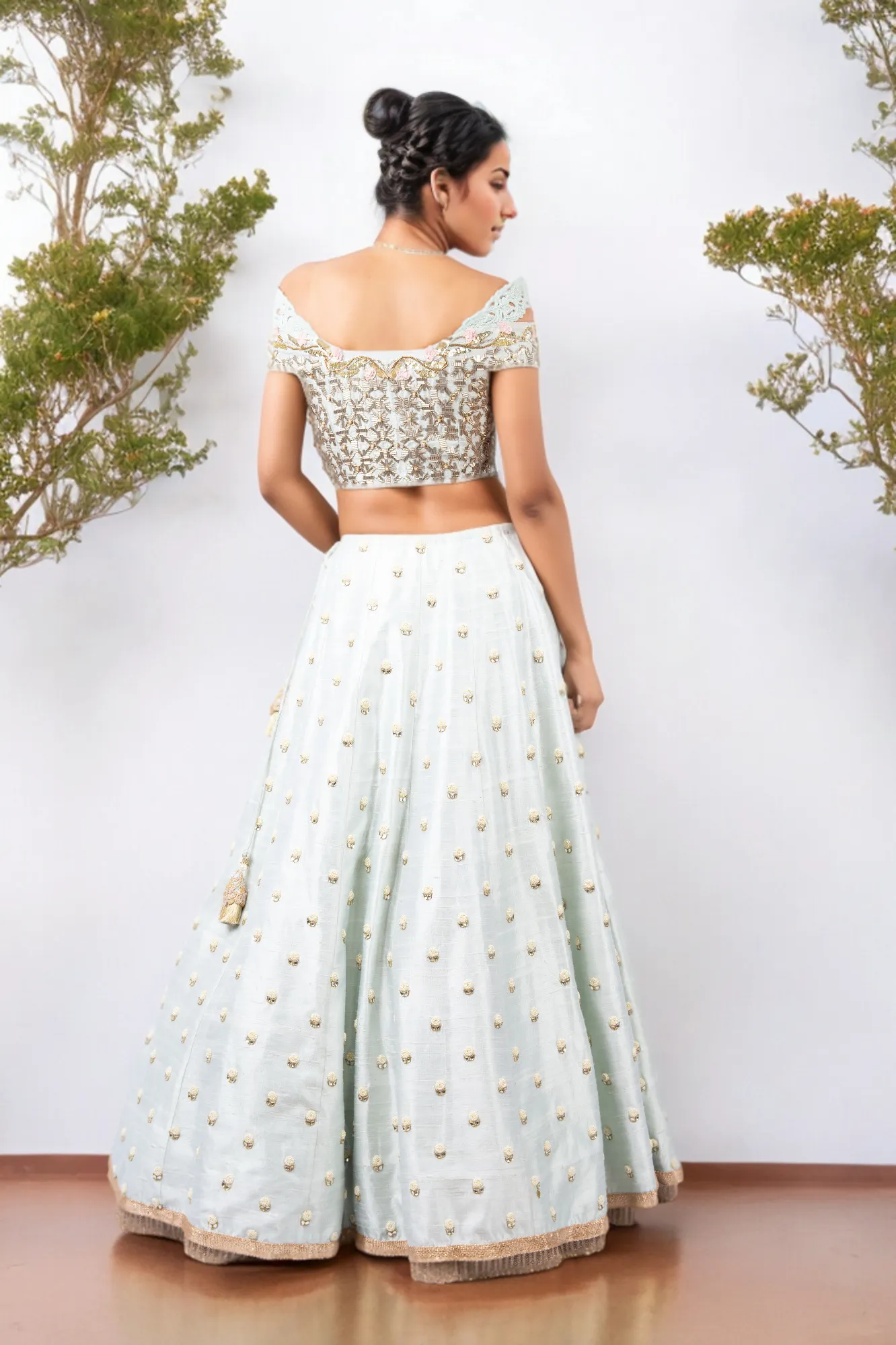 GEOMETRIC NALKI DOUBLE OFF SHOULDER BLOUSE AND HYDRANGEA LEHENGA