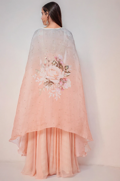 Peach 3D Floral Digital Printed Cape Set