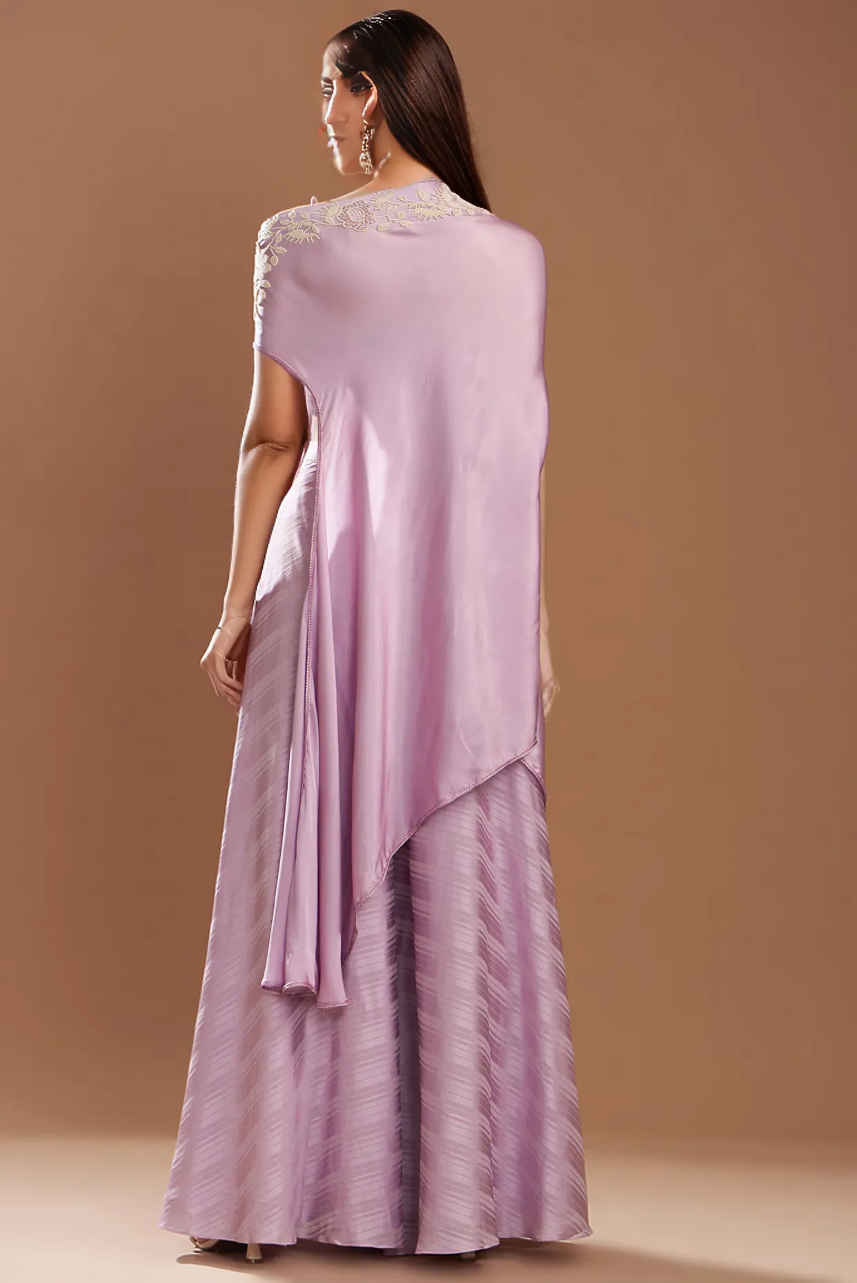 Lilac Silk Satin Embroidered Off-Shoulder Cape Set