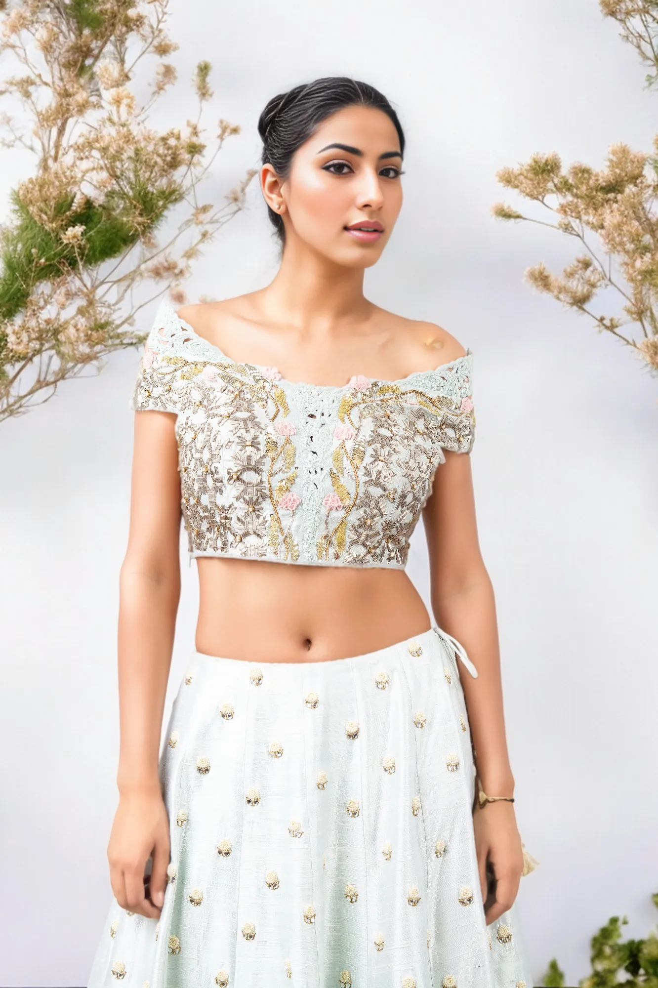 GEOMETRIC NALKI DOUBLE OFF SHOULDER BLOUSE AND HYDRANGEA LEHENGA