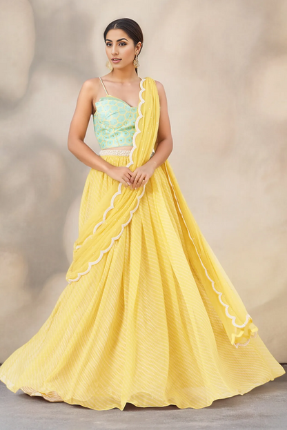 Butter Yellow Raw Silk & Chiffon Draped Lehnega Set