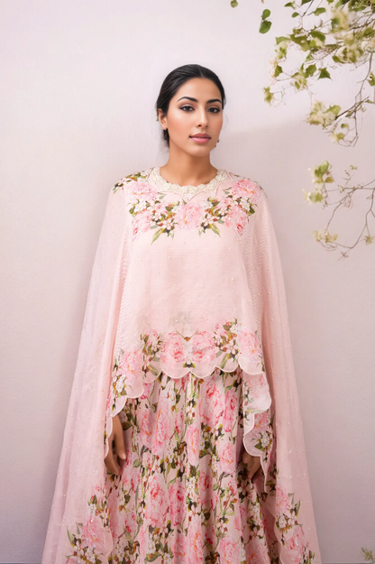 DIGITAL PRINT PEONIES ANARKALI WITH PRINTED PINK CAPE