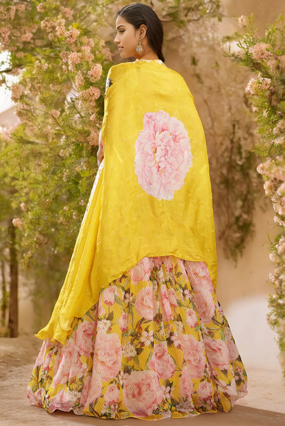 Yellow Chiffon Printed Jacket Lehenga Set