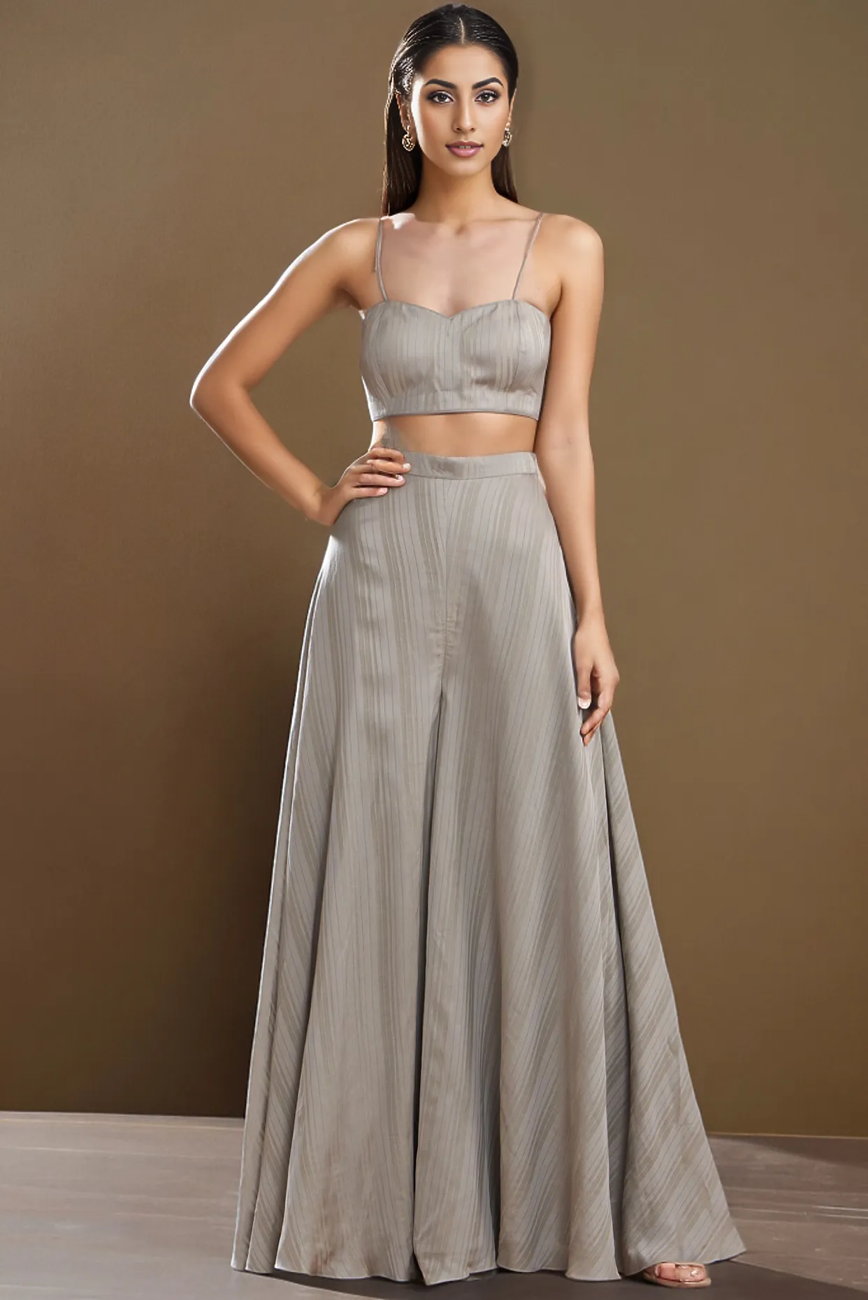 Grey Silk Satin Embroidered Off-Shoulder Cape Set