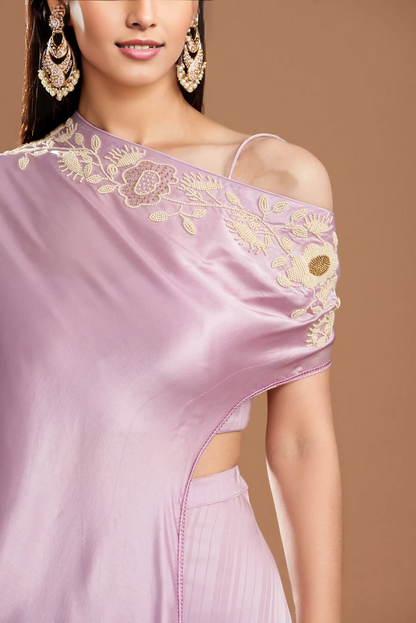 Lilac Silk Satin Embroidered Off-Shoulder Cape Set