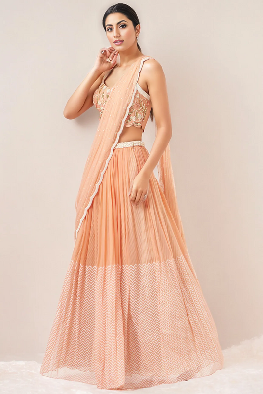 Orange Block Printed Lehenga Set