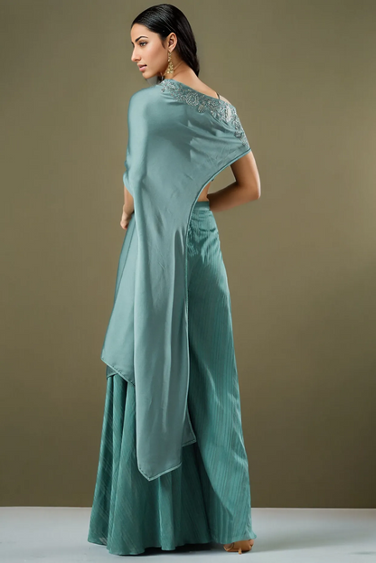 Teal Green Satin Off-Shoulder Cape Set