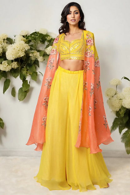 Yellow Raw Silk Palazzo Pant Set