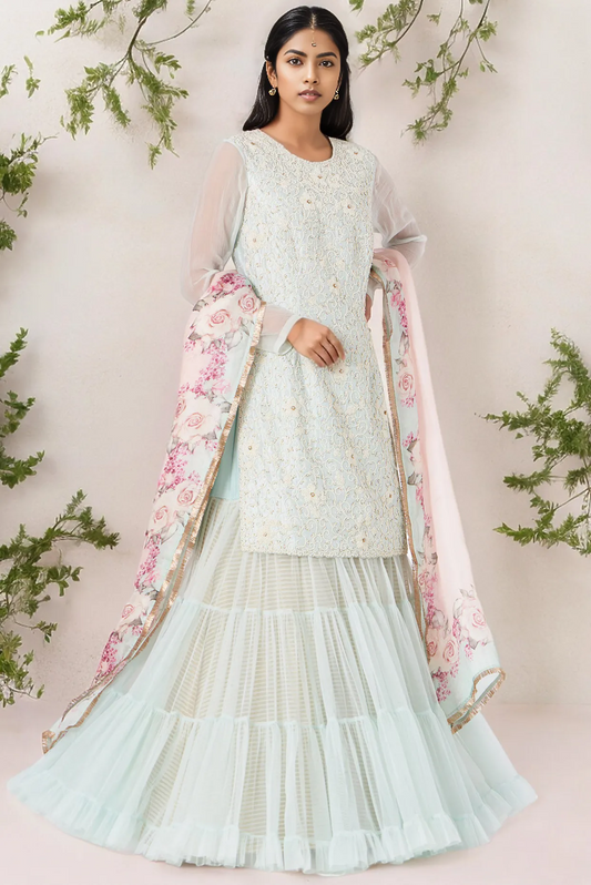 Ice Blue Net Sharara Skirt Set