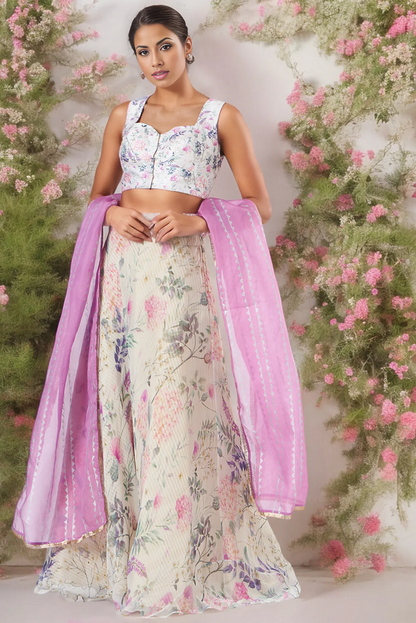 White Chiffon Printed Lehenga Set