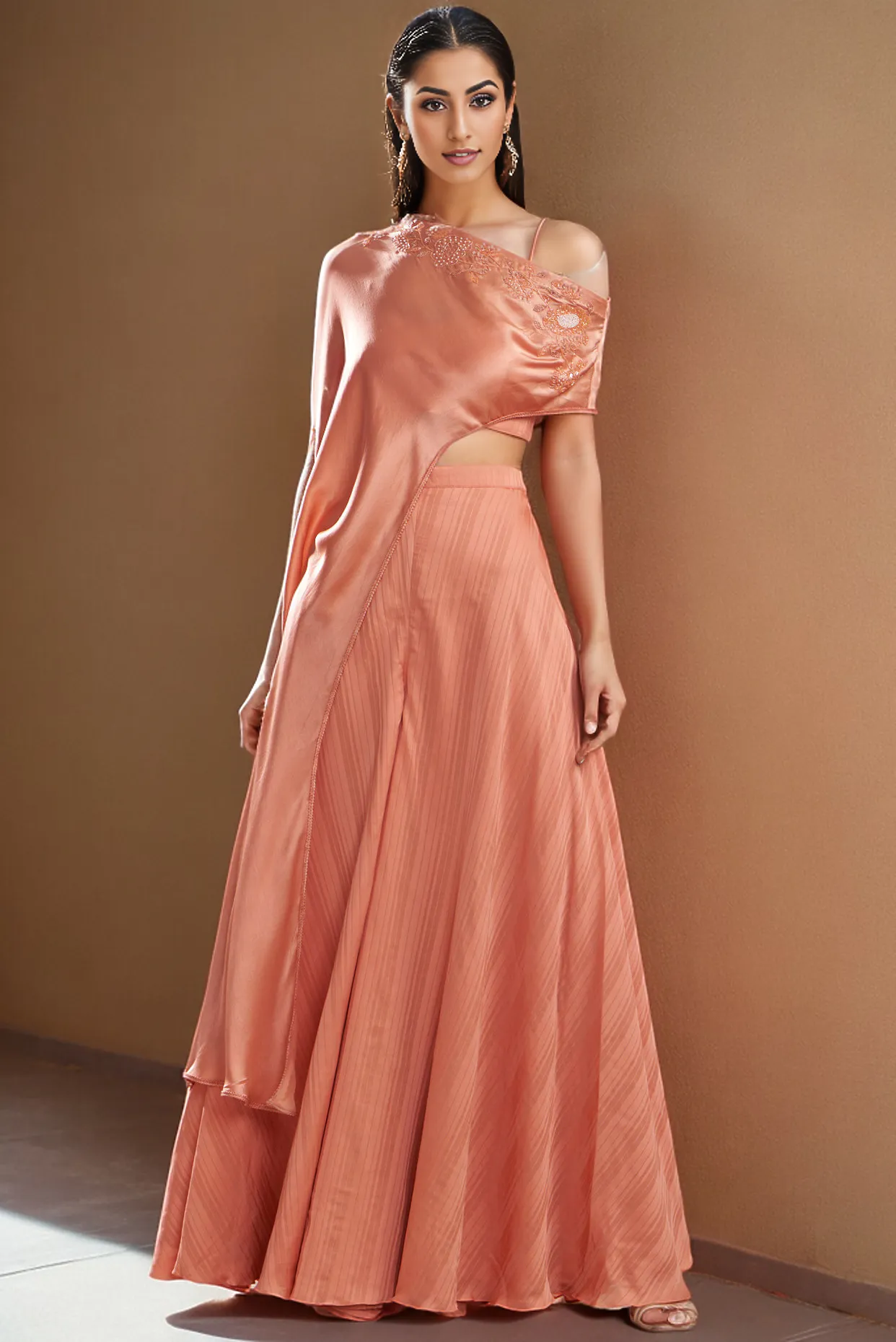 Brick Silk Satin Embroidered Off-Shoulder Cape Set