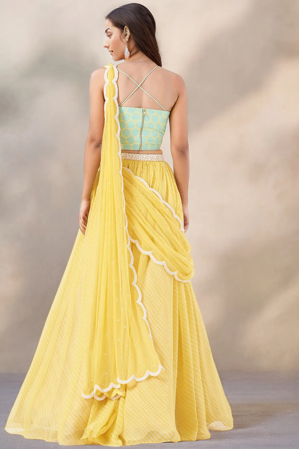 Butter Yellow Raw Silk & Chiffon Draped Lehnega Set