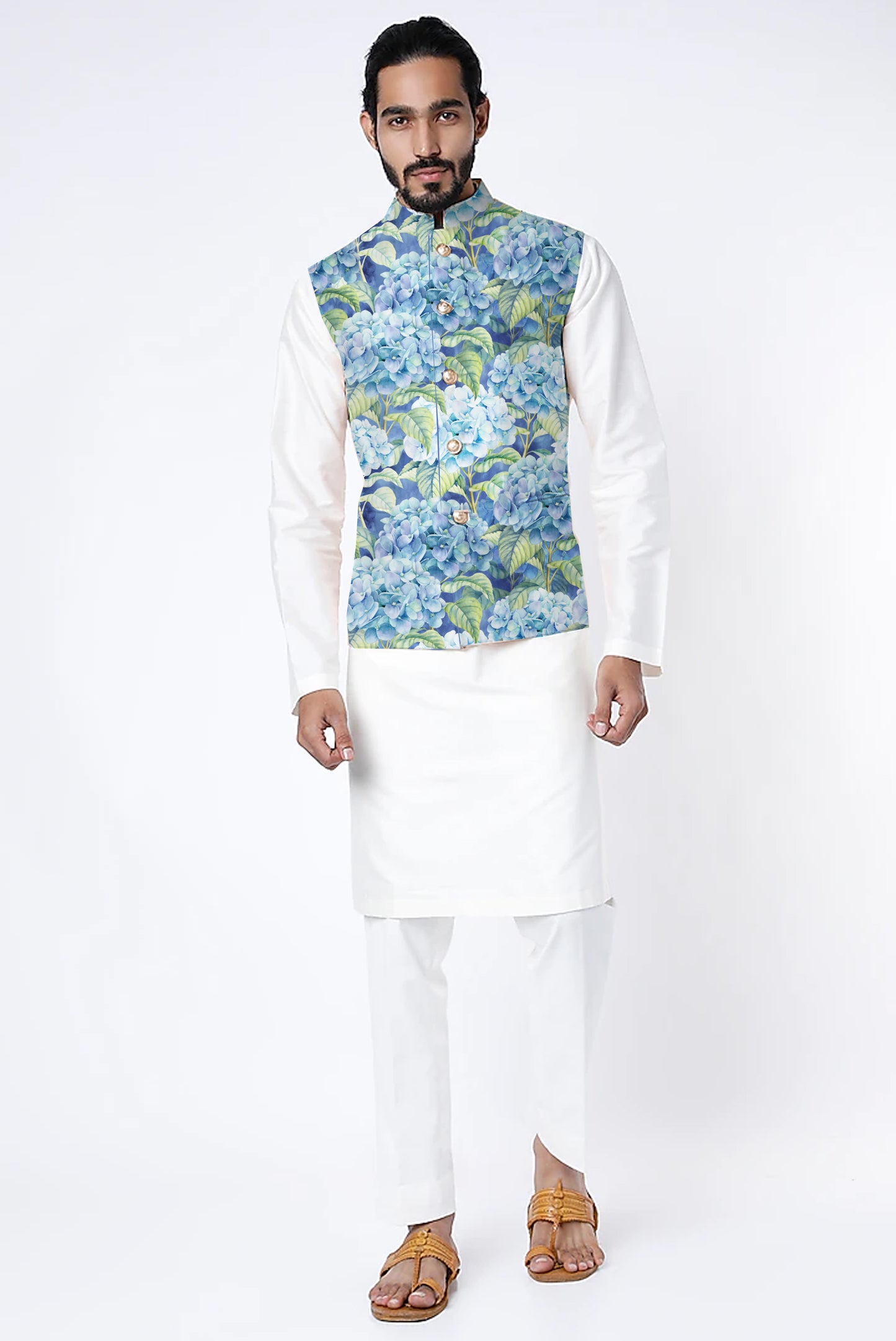 Printed Raw Silk Nehru Jacket