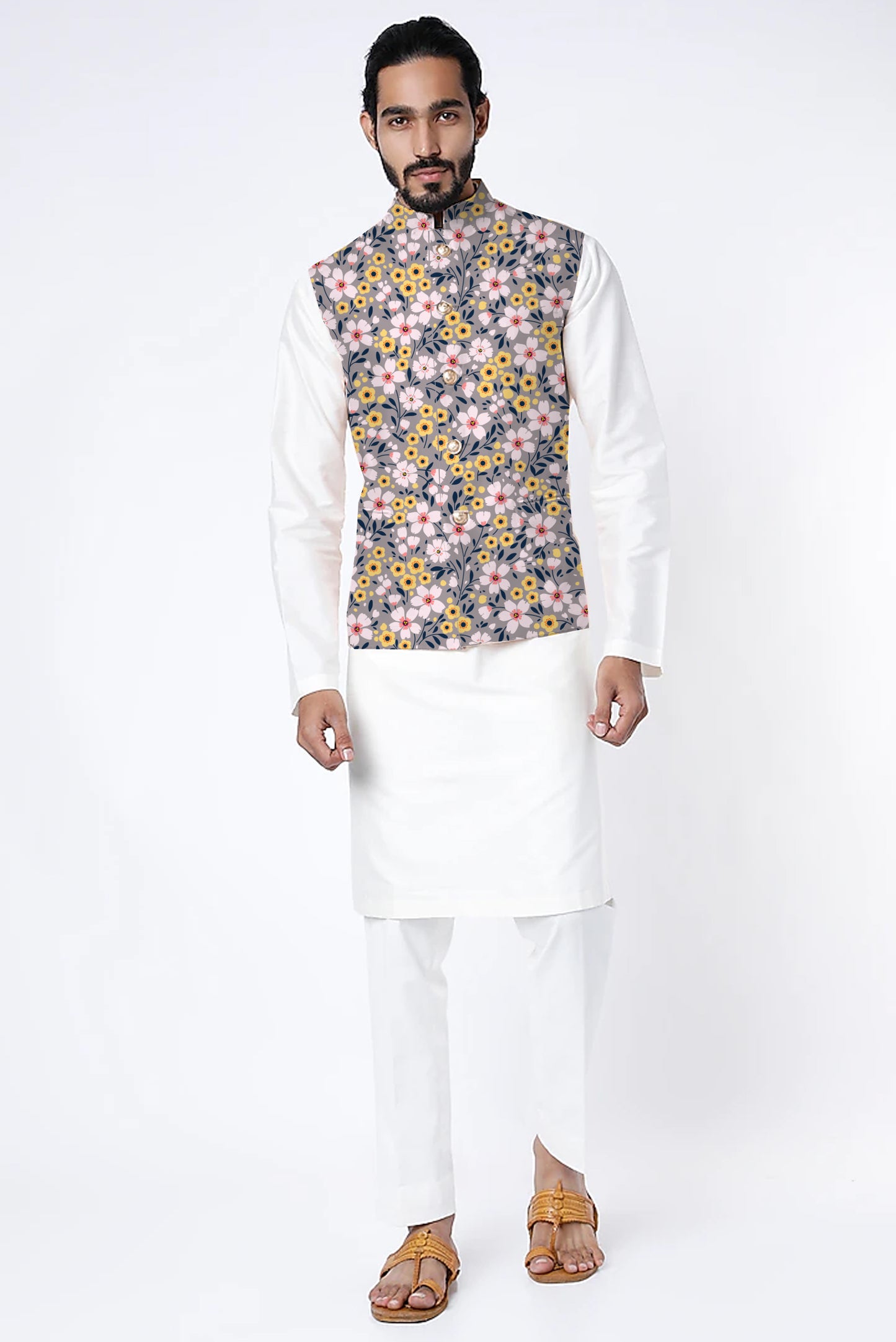 Printed Raw Silk Nehru Jacket