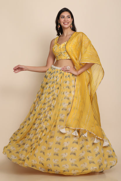 Yellow Printed Lehenga with Block print Dupatta