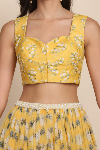 Yellow Printed Lehenga with Block print Dupatta