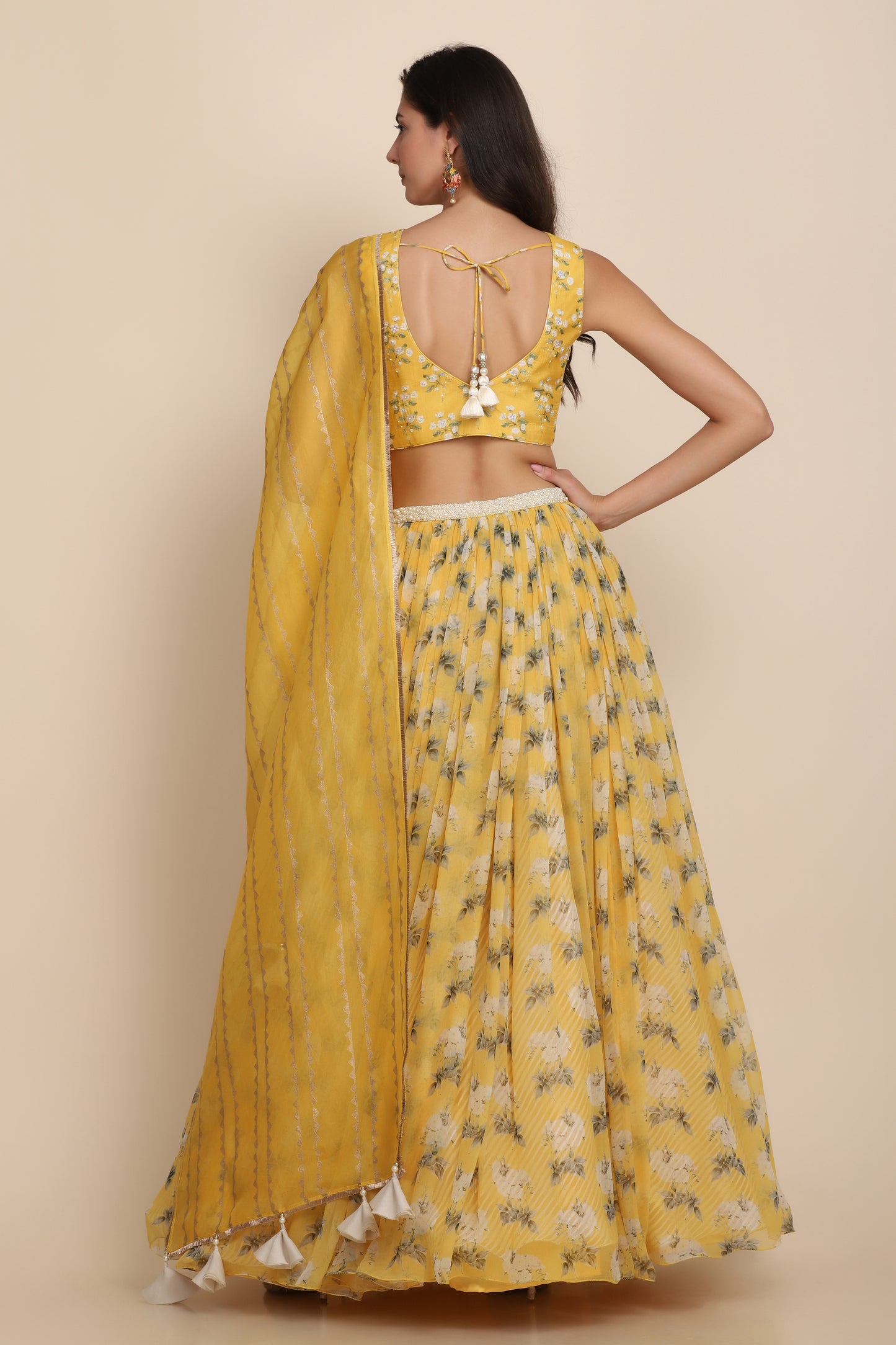 Yellow Printed Lehenga with Block print Dupatta