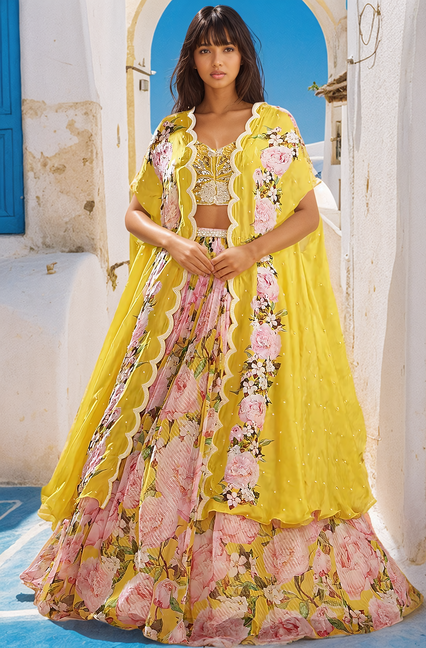 Yellow Chiffon Printed Jacket Lehenga Set