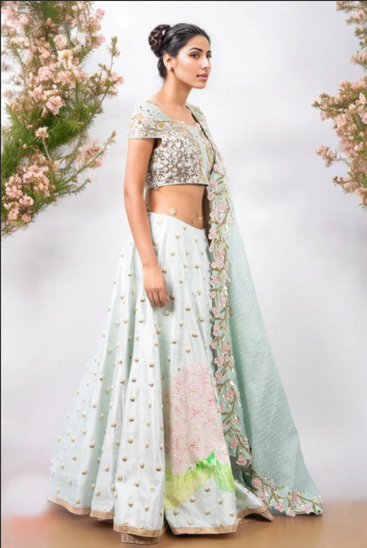 GEOMETRIC NALKI DOUBLE OFF SHOULDER BLOUSE AND HYDRANGEA LEHENGA