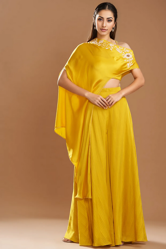 Yellow Silk Satin Embroidered Off-Shoulder Cape Set