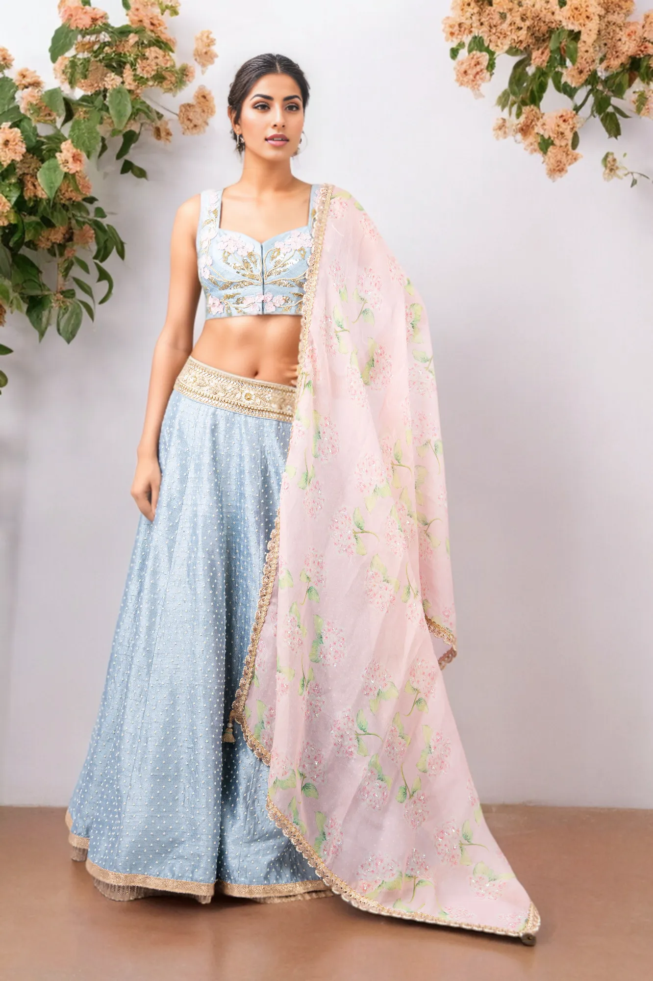 3D FLOWER INCUT BLOUSE AND PEARL WORK RAW SILK LEHENGA