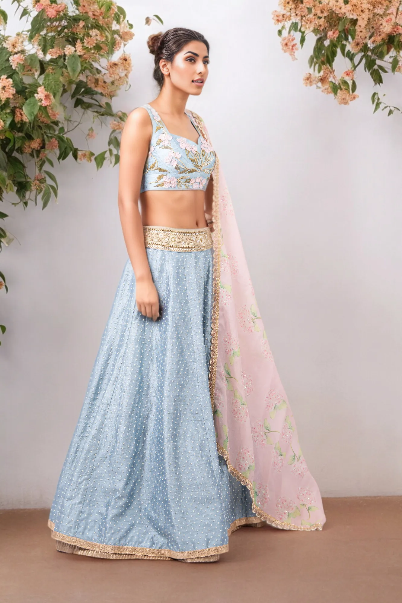 3D FLOWER INCUT BLOUSE AND PEARL WORK RAW SILK LEHENGA