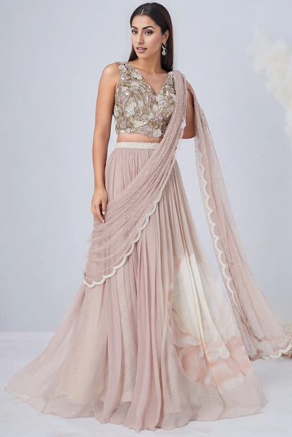 Peach Raw Silk & Chiffon Draped Saree Set