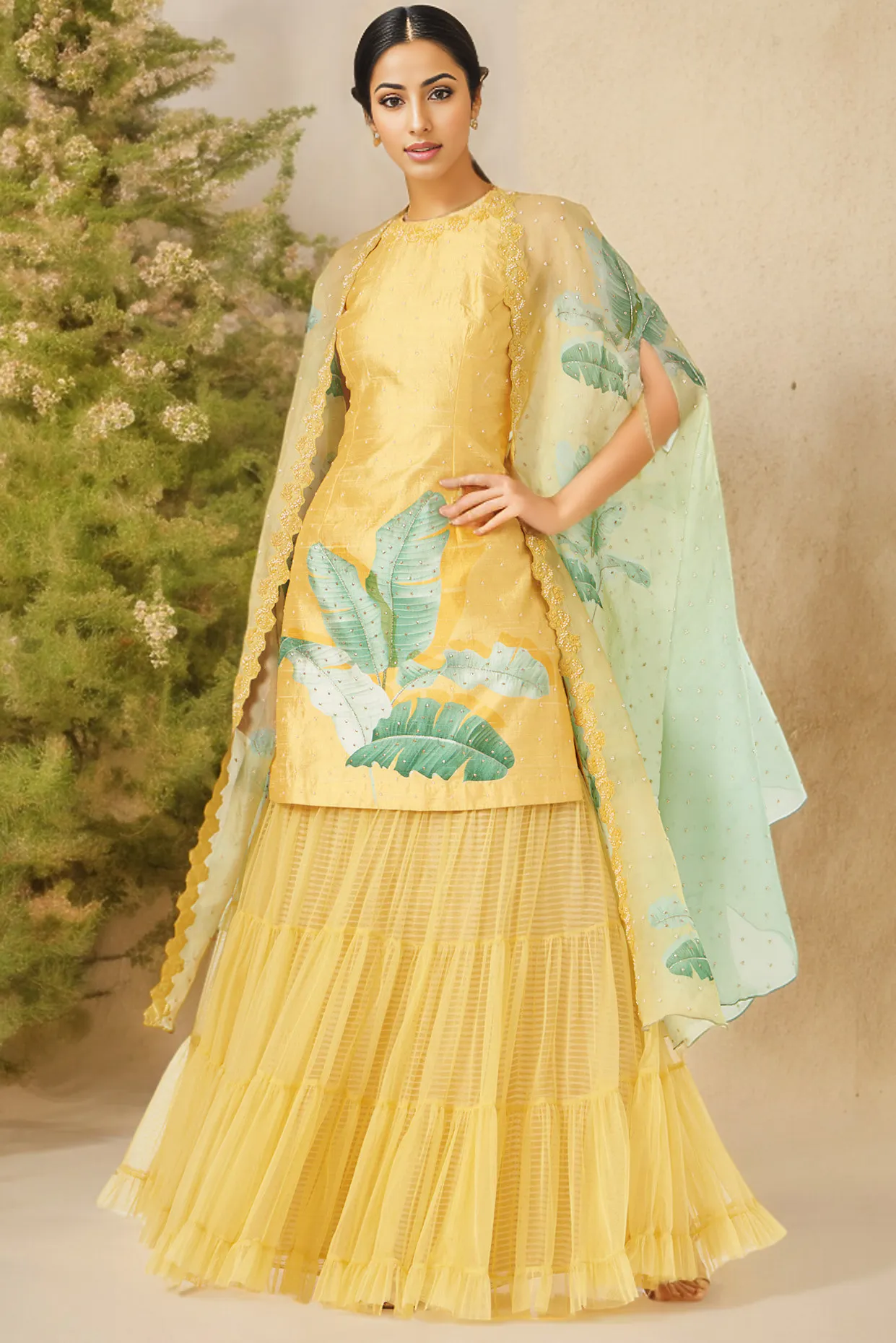 Yellow Net Gharara Set