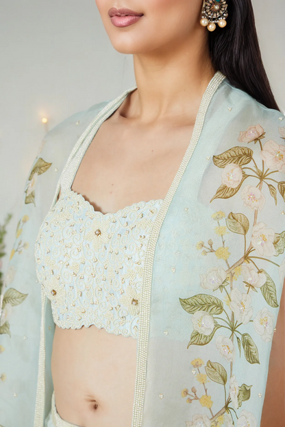 Sky Blue Floral Printed Cape Set