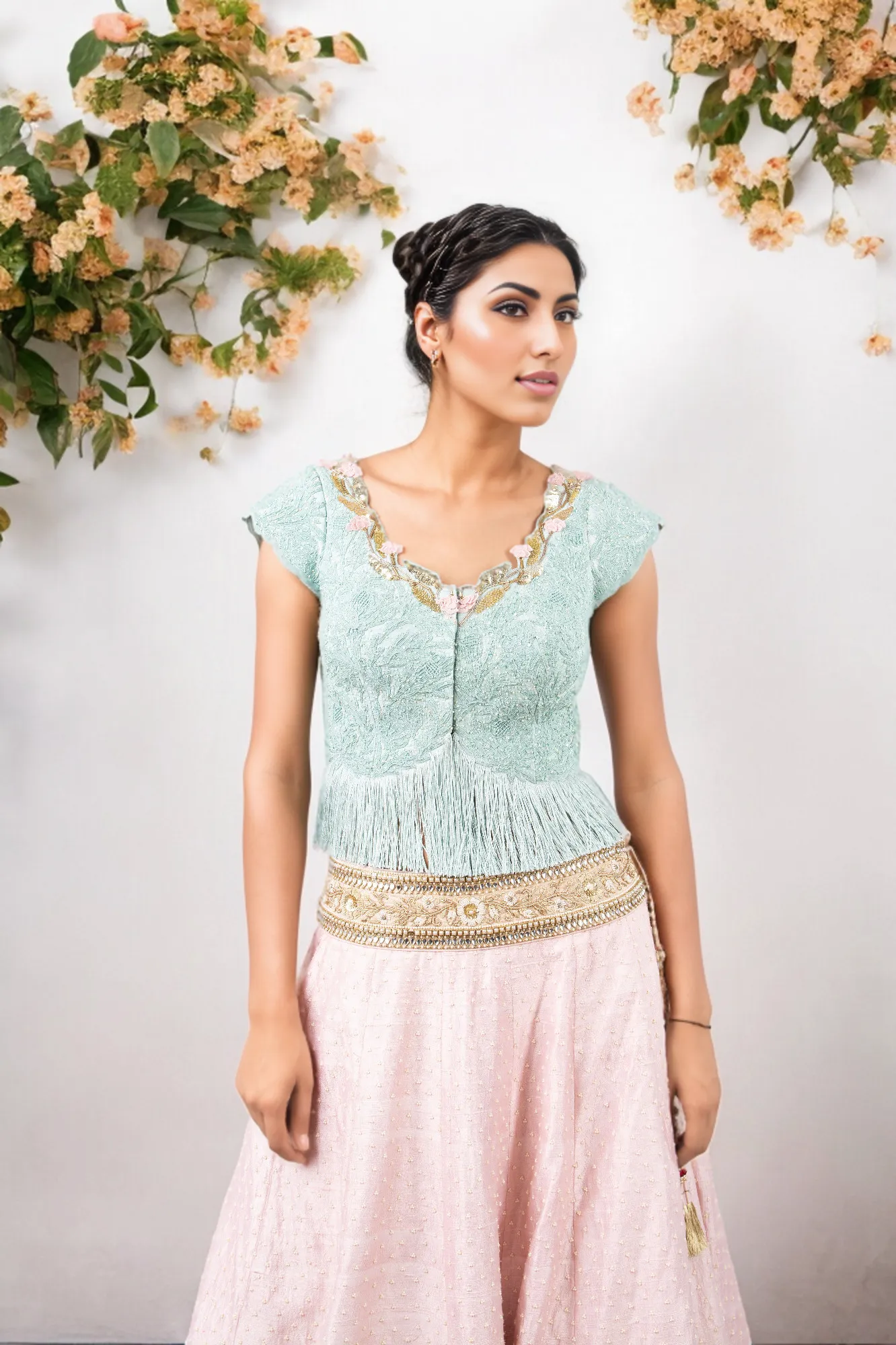 PERSIAN DORI ECO GREEN BLOUSE WITH FRINGES PAIRED WITH 3MOTI PINK RAW SILK LEHENGA