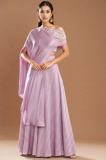 Lilac Silk Satin Embroidered Off-Shoulder Cape Set