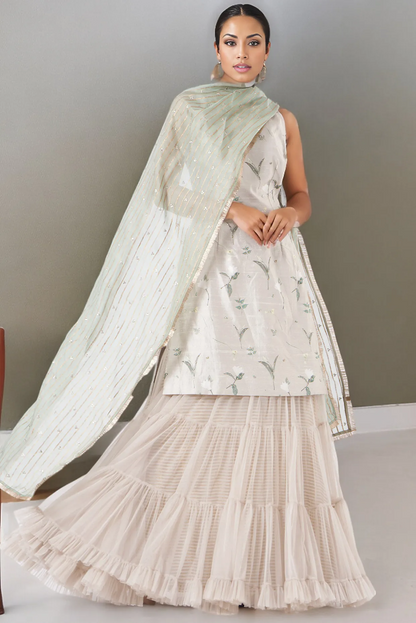 Mint Raw Silk Printed Kurta Set