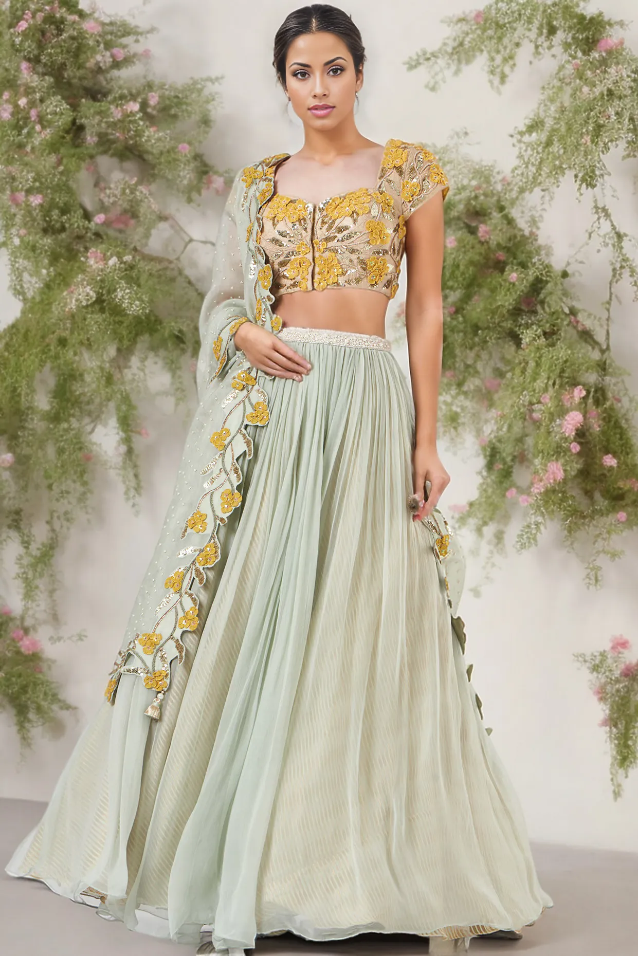 Green Floral Printed Lehenga Set