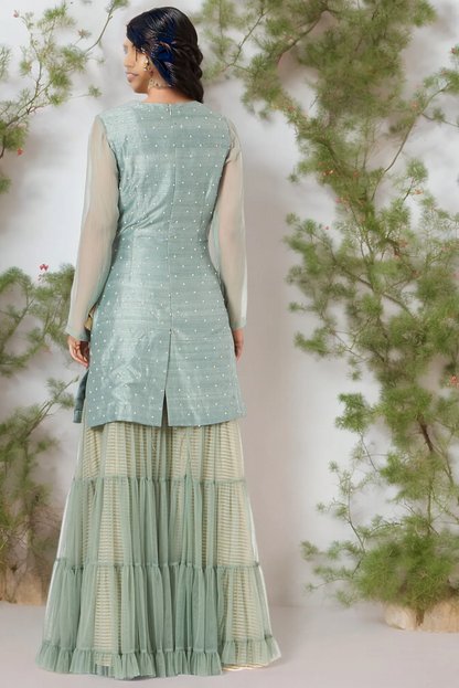 Greyish Green Raw Silk Sharara Set