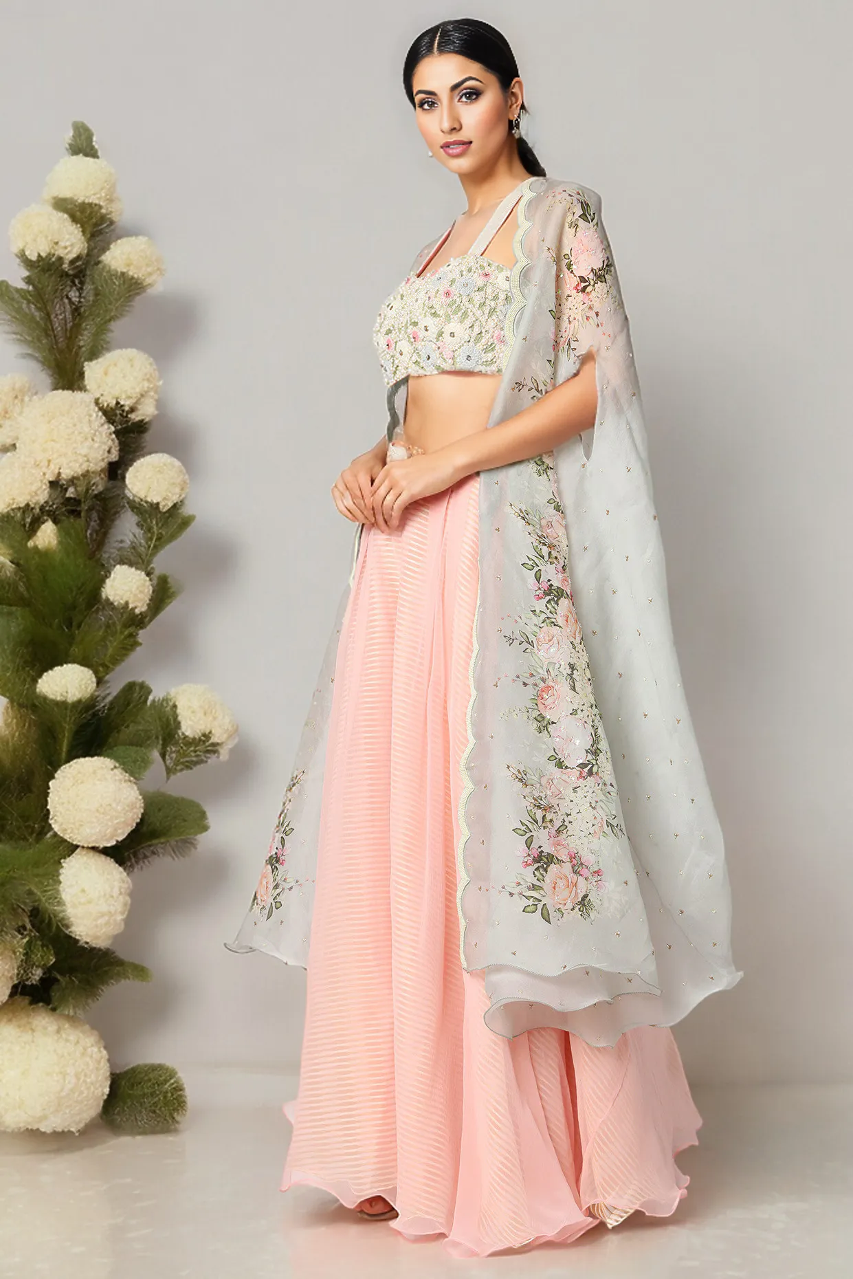 Blush Pink Embroidered Palazzo Pant Set With Cape