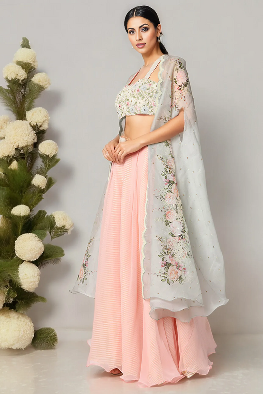 Blush Pink Embroidered Palazzo Pant Set With Cape