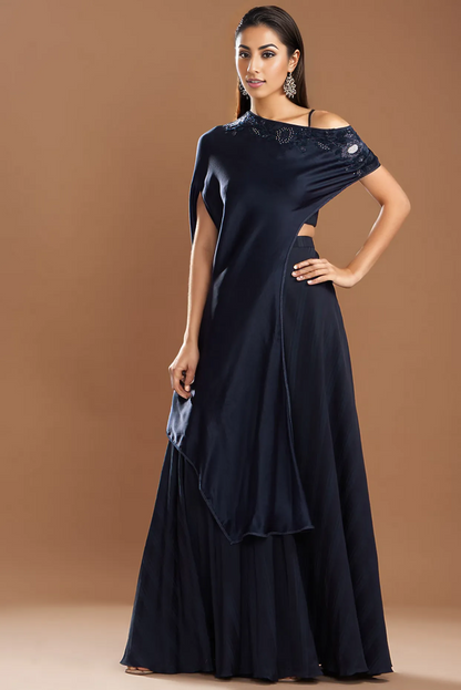 Dark Blue Silk Satin Embroidered Off-Shoulder Cape Set