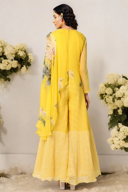 Yellow Block Printed Jumpsuit With Cape